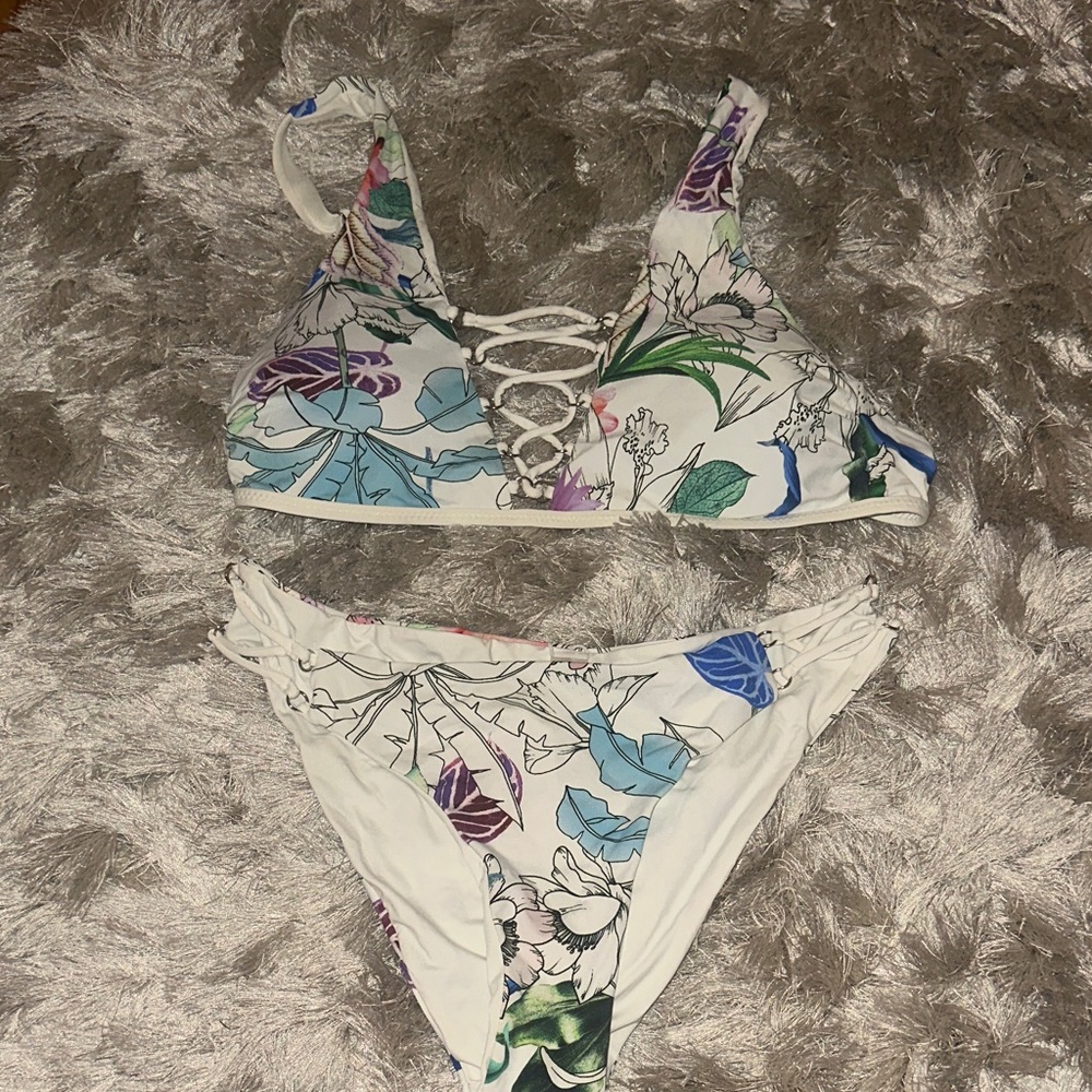 TiniBikini White Floral Lace-Up Bikini - Blue, Green, Purple Accents
